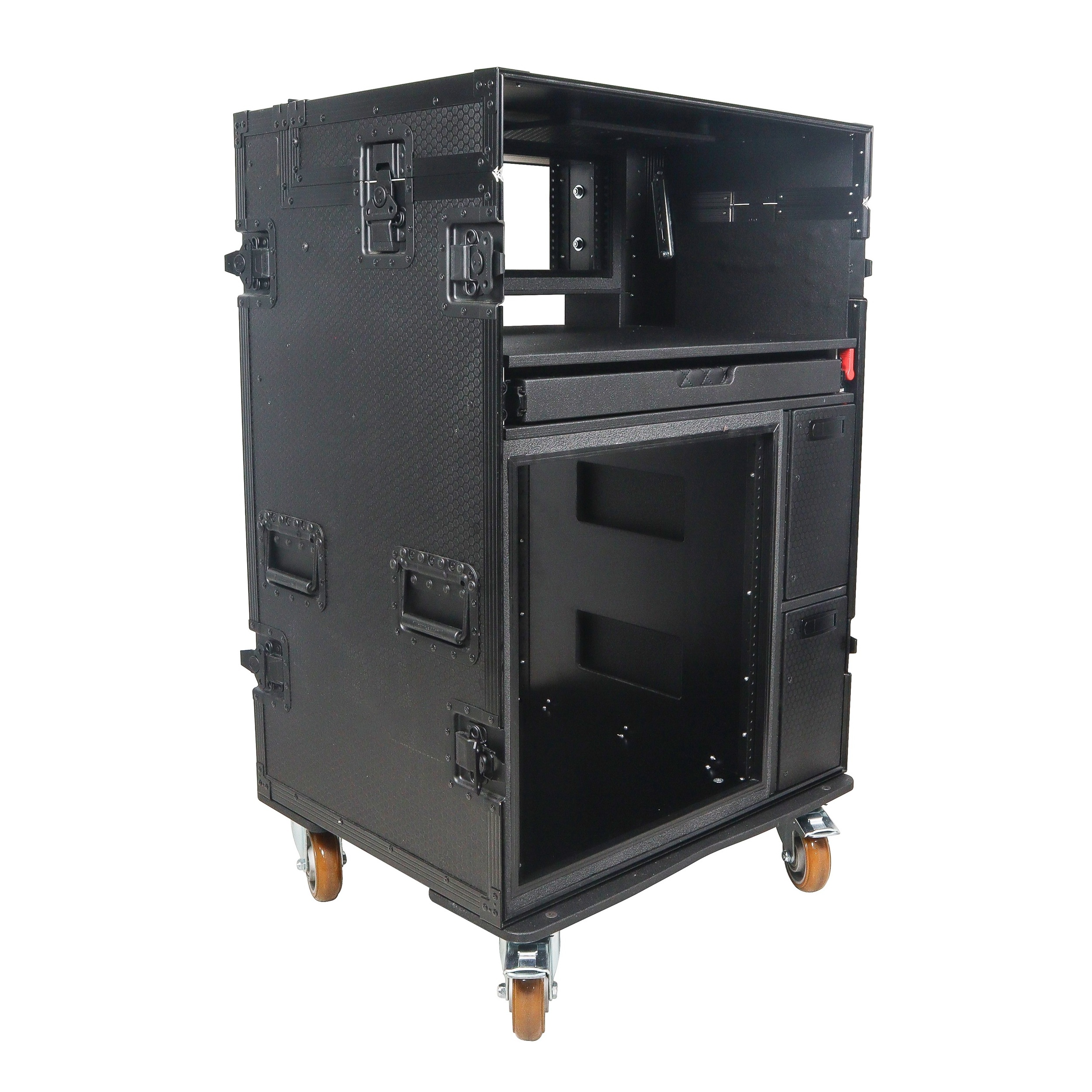 Mobile AV Broadcasting Streaming Recording Studio Workstation Case  for broadcast video with 4U Top 12U Bottom Black Fin