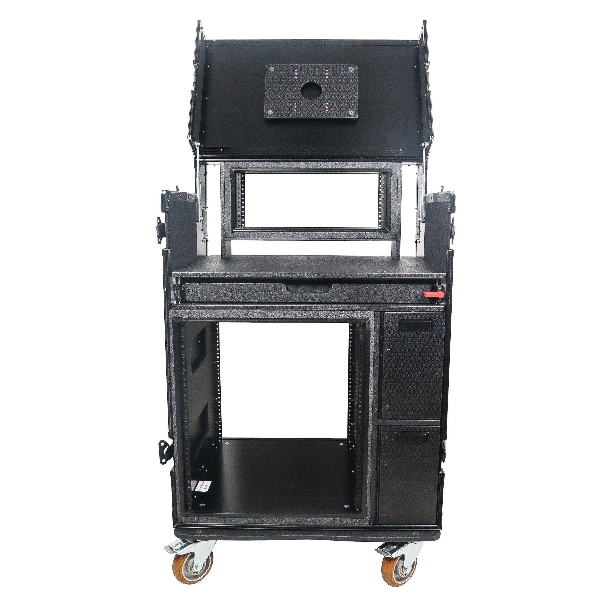 Mobile AV Broadcasting Streaming Recording Studio Workstation Case  for broadcast video with 4U Top 12U Bottom Black Fin