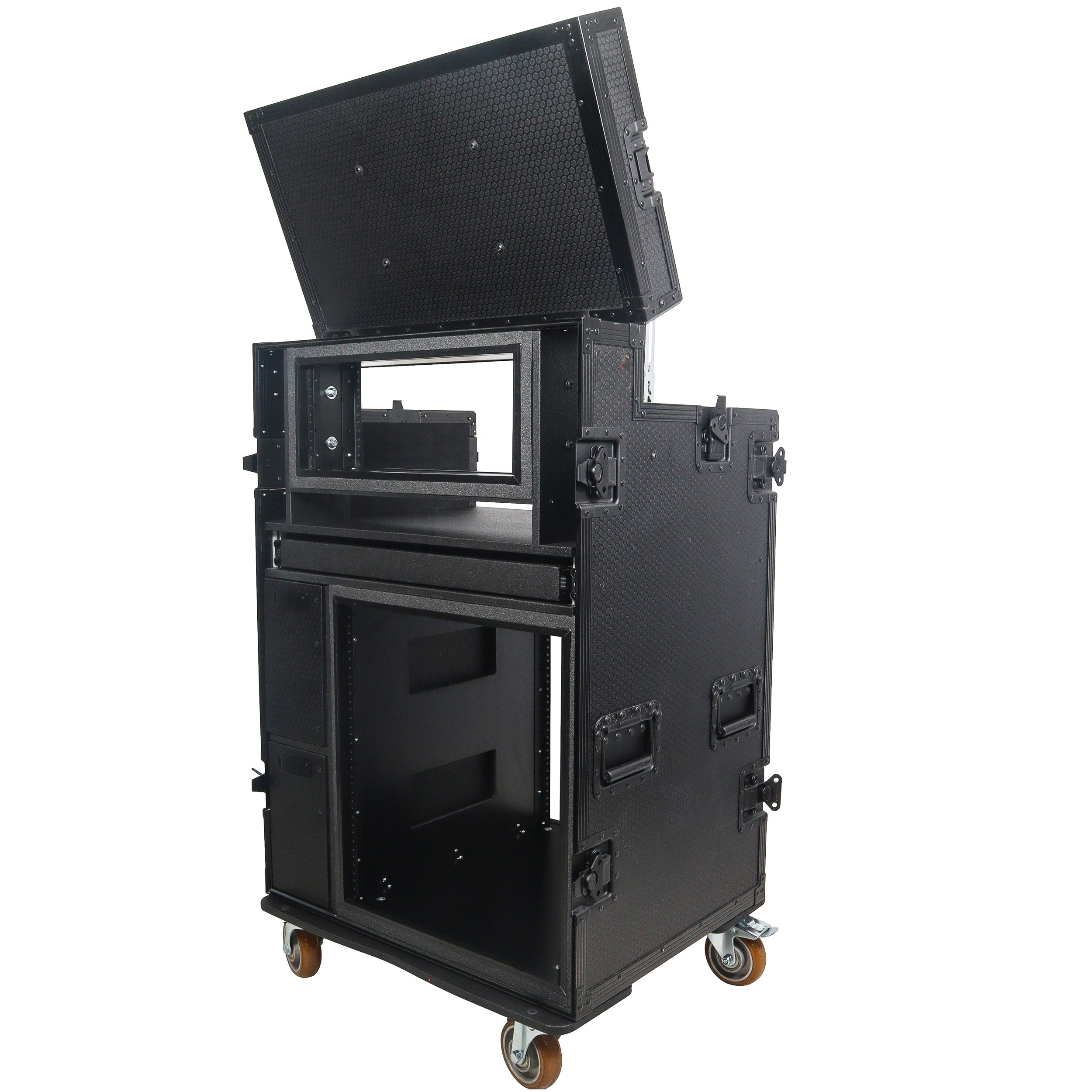 Mobile AV Broadcasting Streaming Recording Studio Workstation Case  for broadcast video with 4U Top 12U Bottom Black Fin