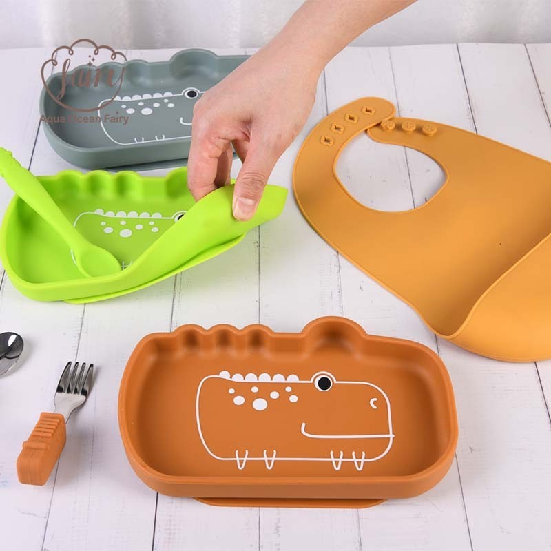 Bpa Free Non-toxic Suction Plate Bowl Silicone Bib Tableware Feeding Weaning Set For Baby Toddler