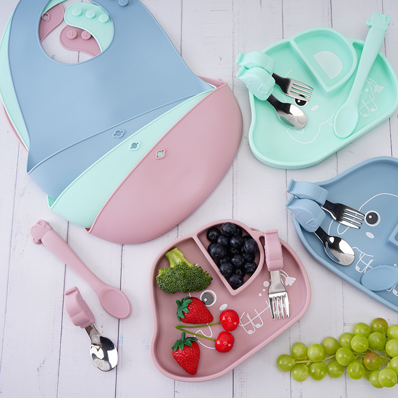 OEM ODM  Kids Dinning Bpa Free Suction Plate Bowl Silicone Bib Tableware Feeding Weaning Set For Baby Toddler