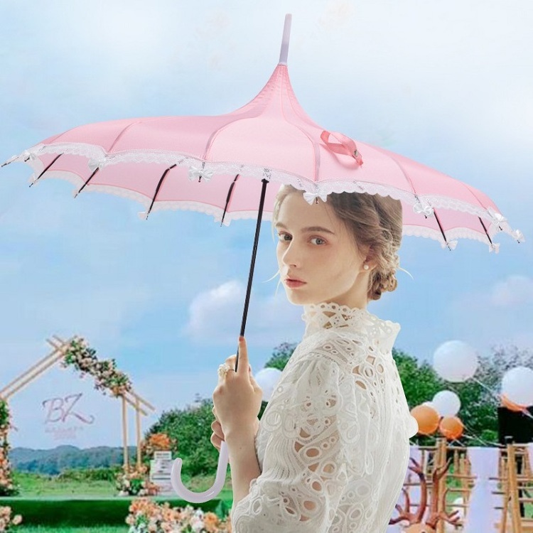 2023 New 22IN*16K Hand Open Pagoda Umbrella Curved Edge with White Lace Straight Umbrella Wedding Decoration Princess Umbrella