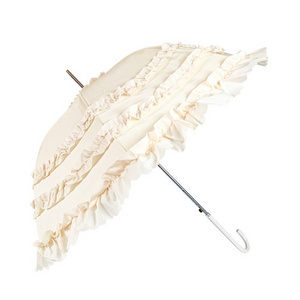 23"*8K Women Parasol Umbrella Autometic Open with Three Ruffles Straight Umbrella UV Black Coated Parasol Lace Wedding Umbrella