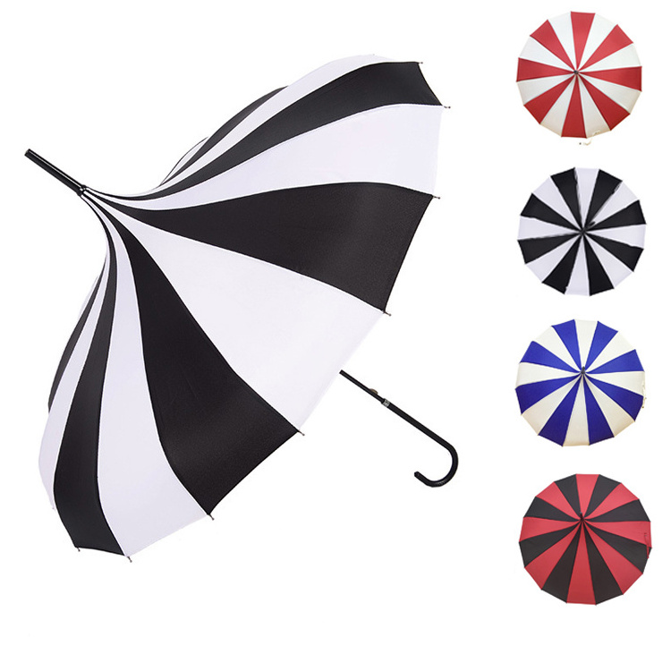 2023 New 22IN*16K Hand Open 4 Colors White/Black Stripes Pagoda Umbrella Straight Umbrella