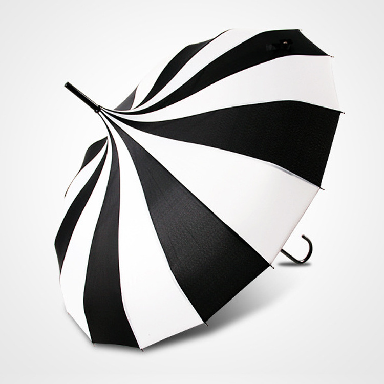 2023 New 22IN*16K Hand Open 4 Colors White/Black Stripes Pagoda Umbrella Straight Umbrella