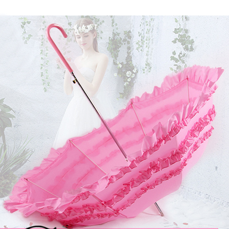 23IN*8K Women's Open Pink Parasol Umbrella with Three Ruffles Pagoda Shaped Umbrella Sun Parasol Lace Wedding Umbrella