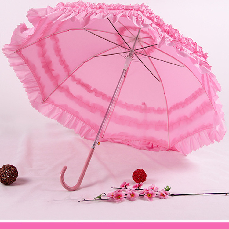 23IN*8K Women's Open Pink Parasol Umbrella with Three Ruffles Pagoda Shaped Umbrella Sun Parasol Lace Wedding Umbrella