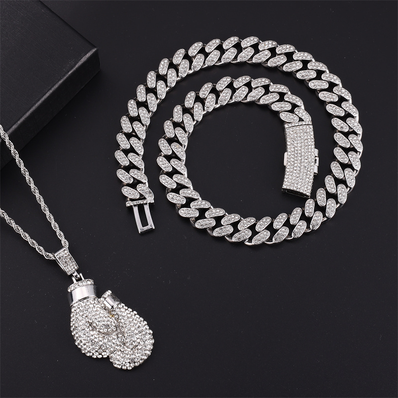 Cool stylish set rhinestone jewelry Hip Hop boxing gloves pendant necklace with 18-inch Cuban chain perfect for friends