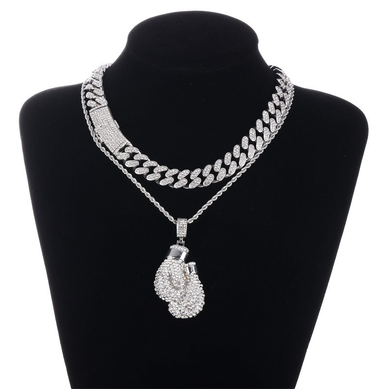 Cool stylish set rhinestone jewelry Hip Hop boxing gloves pendant necklace with 18-inch Cuban chain perfect for friends