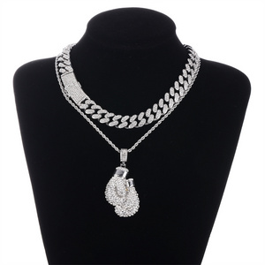 Cool stylish set rhinestone jewelry Hip Hop boxing gloves pendant necklace with 18-inch Cuban chain perfect for friends