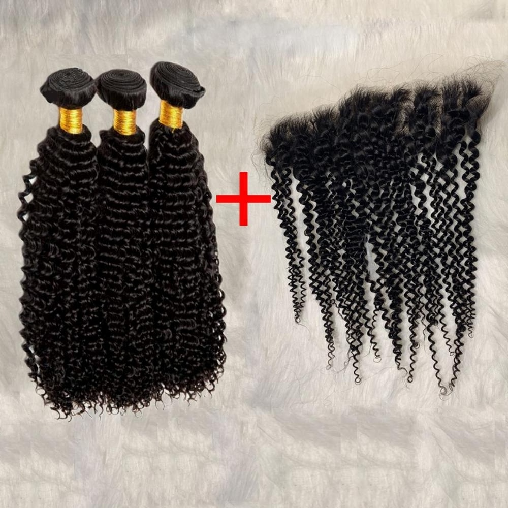 Unprocessed Hair Bundles With HD Lace Frontal Brazilian Kinky Curly Wave Human Hair 3 Bundles With 13*4 Swiss Lace Closure Remy