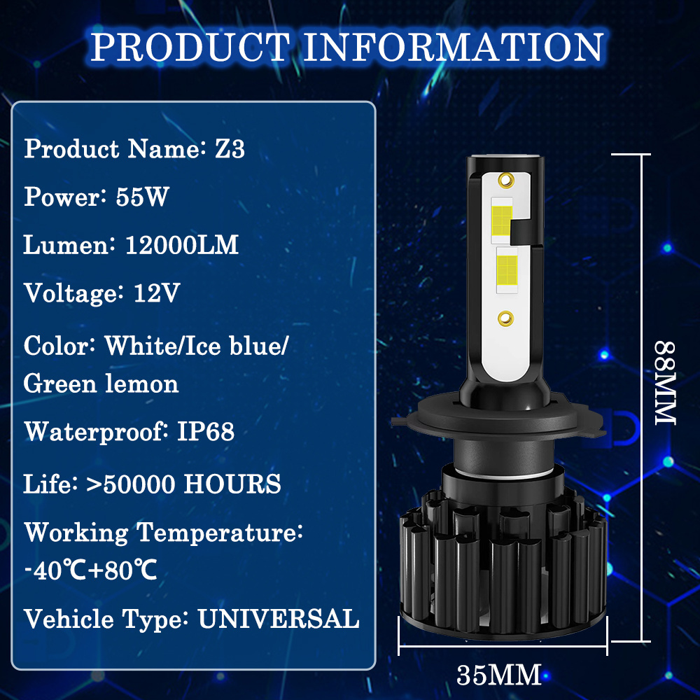 PEL Factory direct sale Z3 LED headlights Bulb H13 H8 9005 HB3 H7 LED H4 Car LED Headlights Waterproof car Accessories