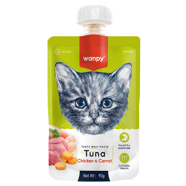 Wanpy Tasty Meat Paste Cat Treat10 Pieces Fresh Chicken with Carrot for All Size Cats Treat 90 gr  Wet Food