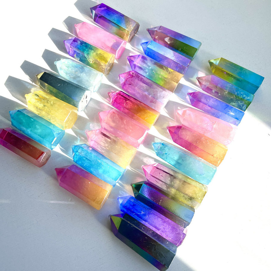 Natural Crystal Aura Point Aqua Aura Spirit Quartz Points Mixed Aura Quartz Tower