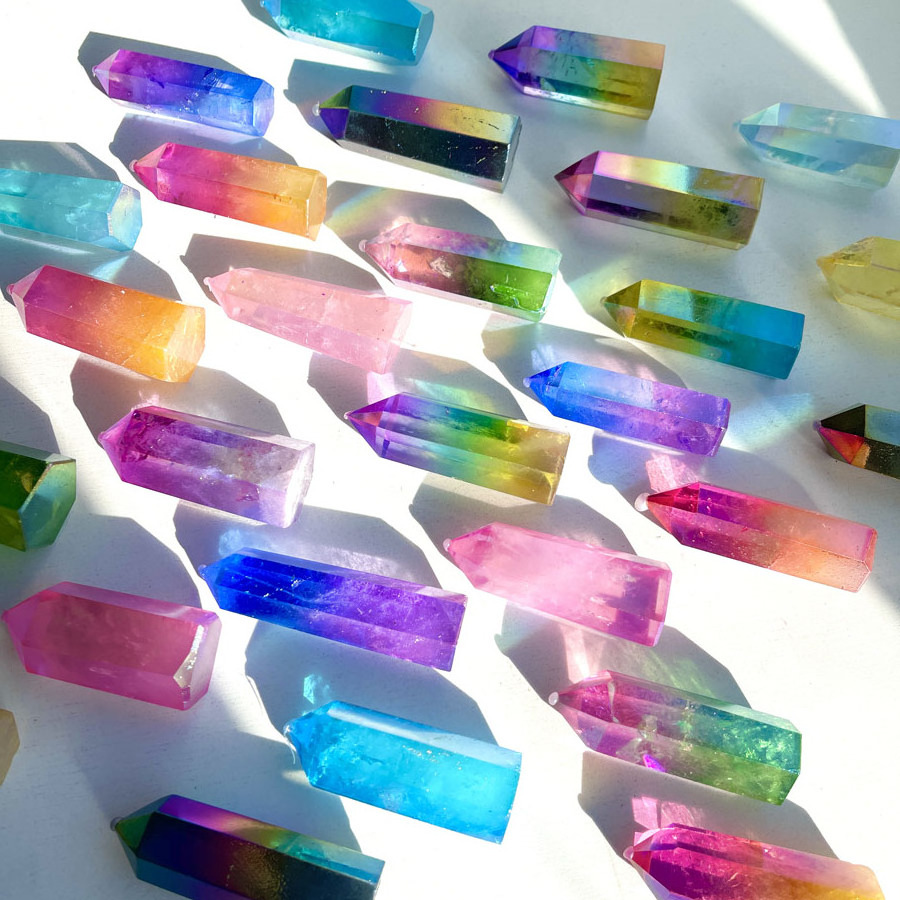 Natural Crystal Aura Point Aqua Aura Spirit Quartz Points Mixed Aura Quartz Tower