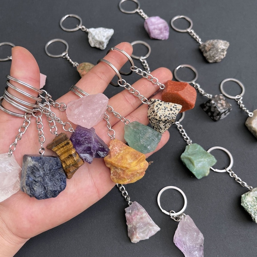 New Design Natural Crystal Seven Chakra Keychain Raw Healing Stones Keychain