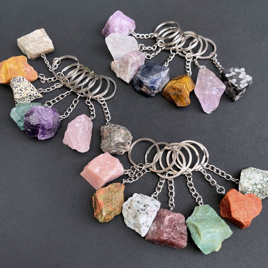 New Design Natural Crystal Seven Chakra Keychain Raw Healing Stones Keychain