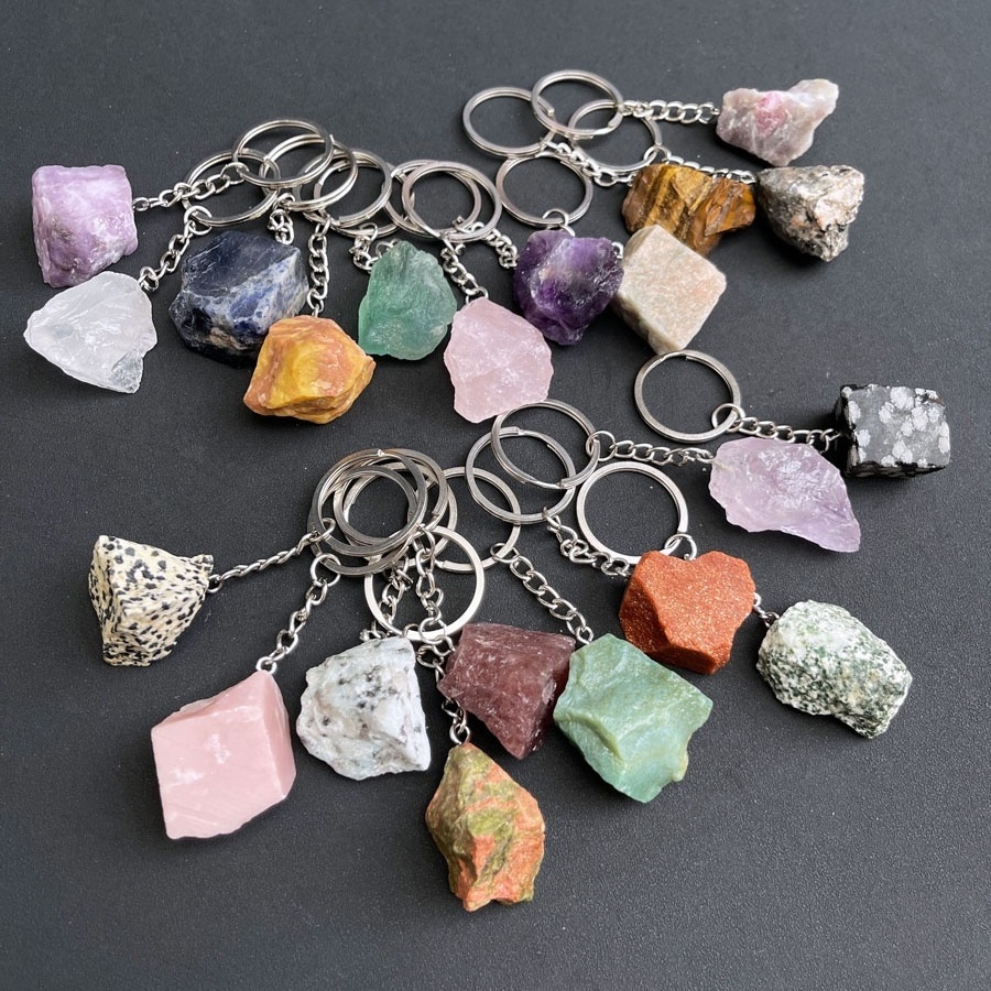 New Design Natural Crystal Seven Chakra Keychain Raw Healing Stones Keychain