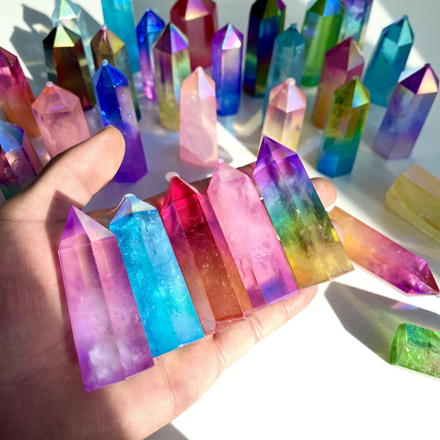 Natural Crystal Aura Point Aqua Aura Spirit Quartz Points Mixed Aura Quartz Tower