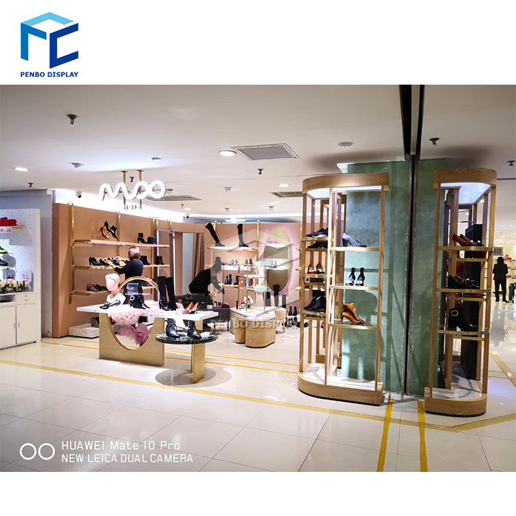 Modern Shoe Store Interior Design Metal Gold Shoe Rack For Showroom Retail Wall Mounted shoe Shops Display