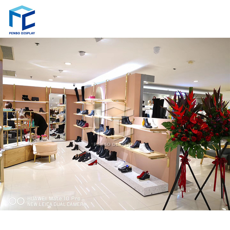 Modern Shoe Store Interior Design Metal Gold Shoe Rack For Showroom Retail Wall Mounted shoe Shops Display