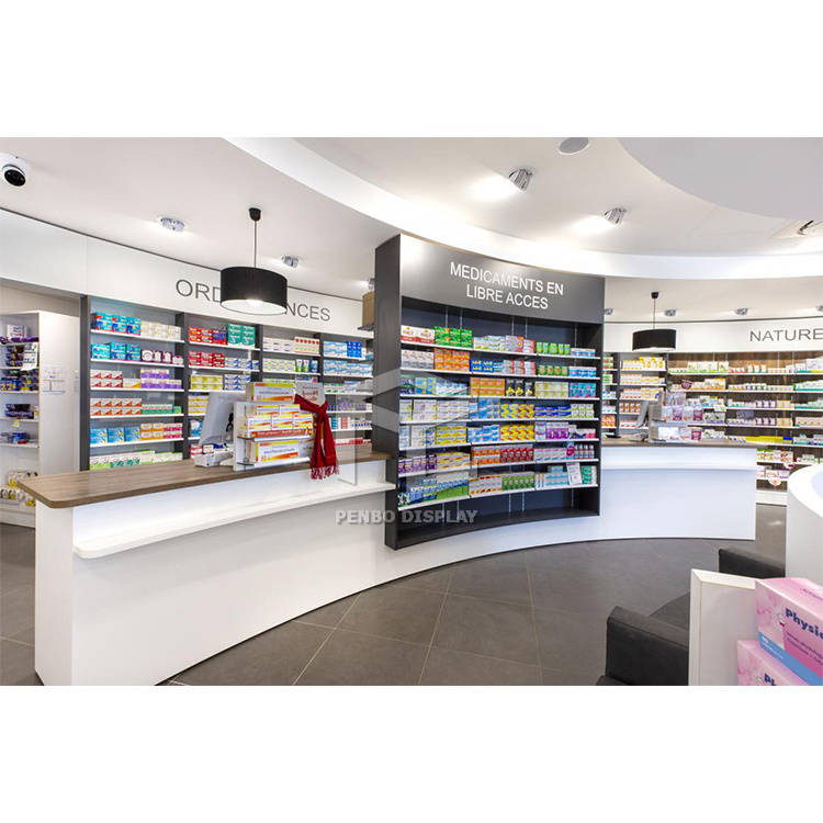 Retail medical store counter medical shop racks pharmacy shelving wall mounted pharmacy display cabinet for drugstore