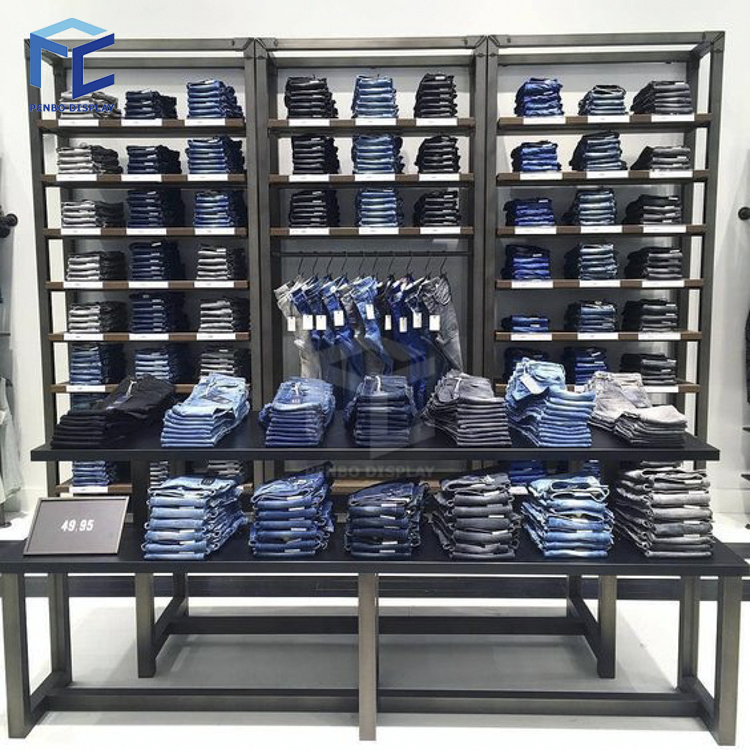 Modern Showroom Wooden Gondola Retail Shop Fixture Jeans Display Rack