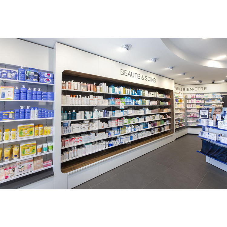 Retail medical store counter medical shop racks pharmacy shelving wall mounted pharmacy display cabinet for drugstore