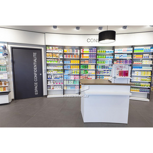 Retail medical store counter medical shop racks pharmacy shelving wall mounted pharmacy display cabinet for drugstore