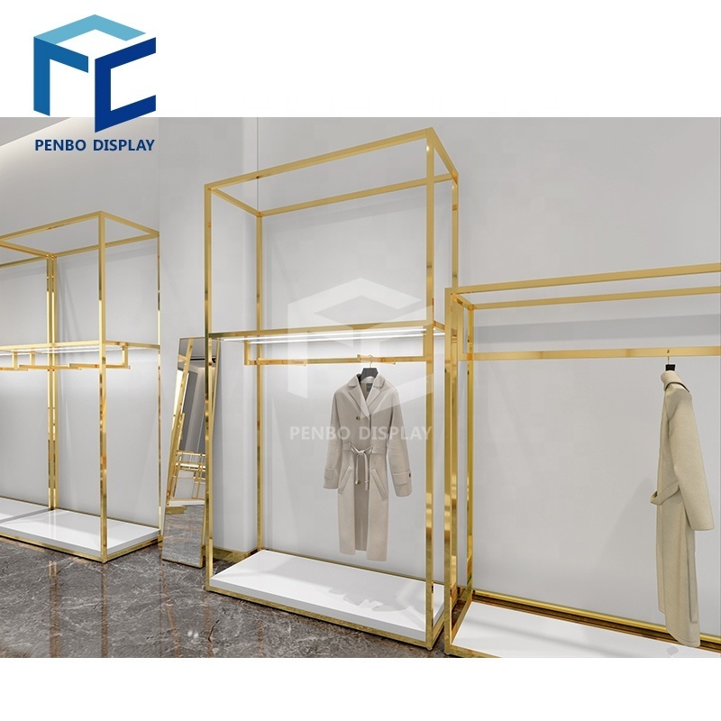 Fashion Retail Garment Shop Interior Design Women Clothing Shop Decor Idea Clothes Gold Display Racks Shelf For Clothing Shop