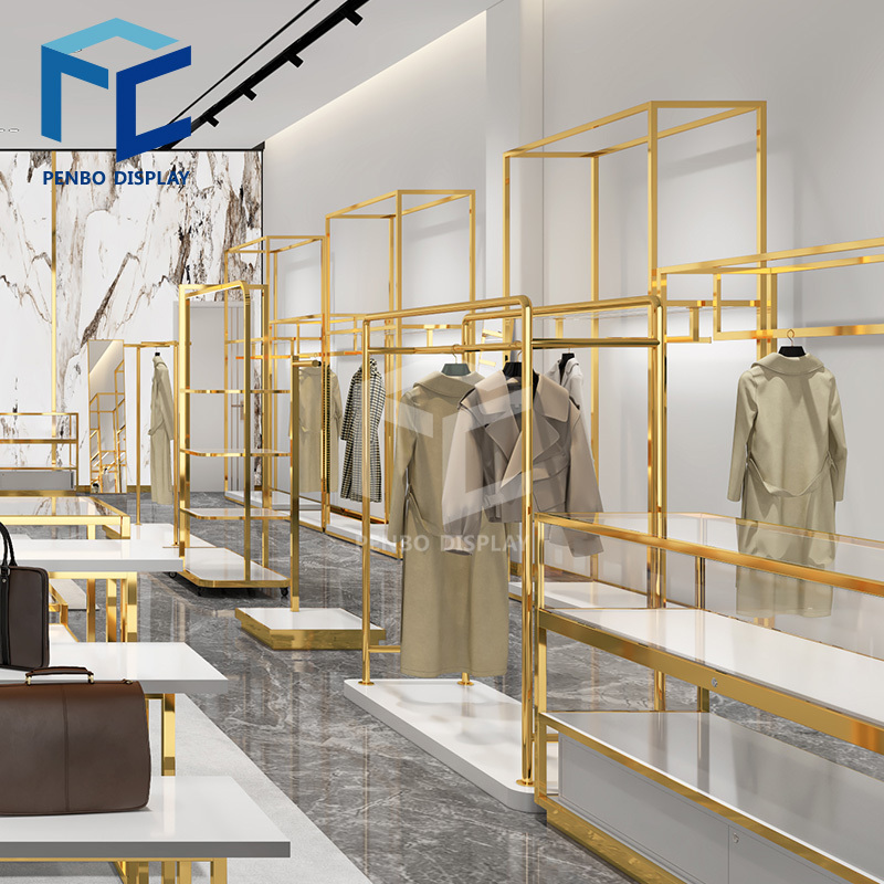 Fashion Retail Garment Shop Interior Design Women Clothing Shop Decor Idea Clothes Gold Display Racks Shelf For Clothing Shop