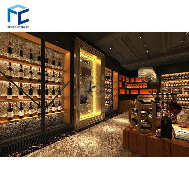 Customized Supermarket Retails Store Wine Cellar Restaurant Wood Wine Shelves Display Whisky Liquor Display Shelf Cabinet