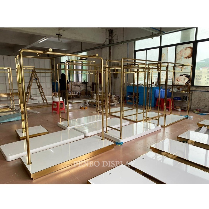 Custom Metal Boutique Clothing Shelves Garment Display Stainless Steel Gold Clothes Display Racks Shelf For Clothing Shop