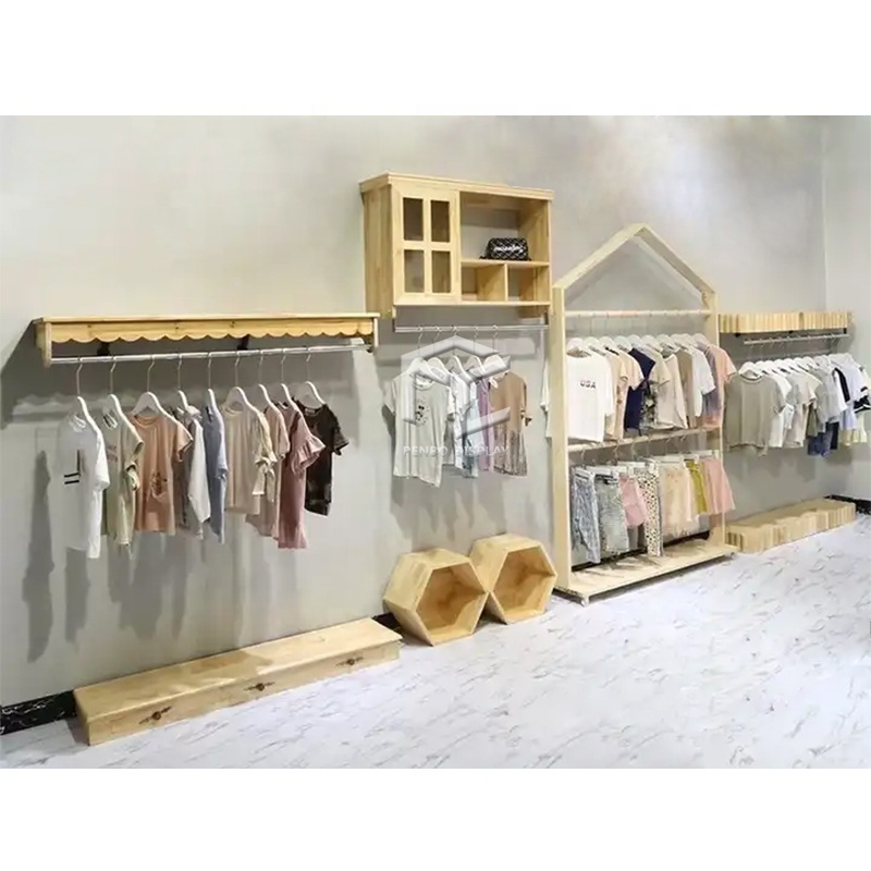 Kids Clothes Shop Decoration Wooden Child Baby Dress Newborn Clothes Shop Display Cabinet Rack