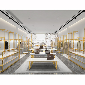 Fashion Retail Garment Shop Interior Design Women Clothing Shop Decor Idea Clothes Gold Display Racks Shelf For Clothing Shop