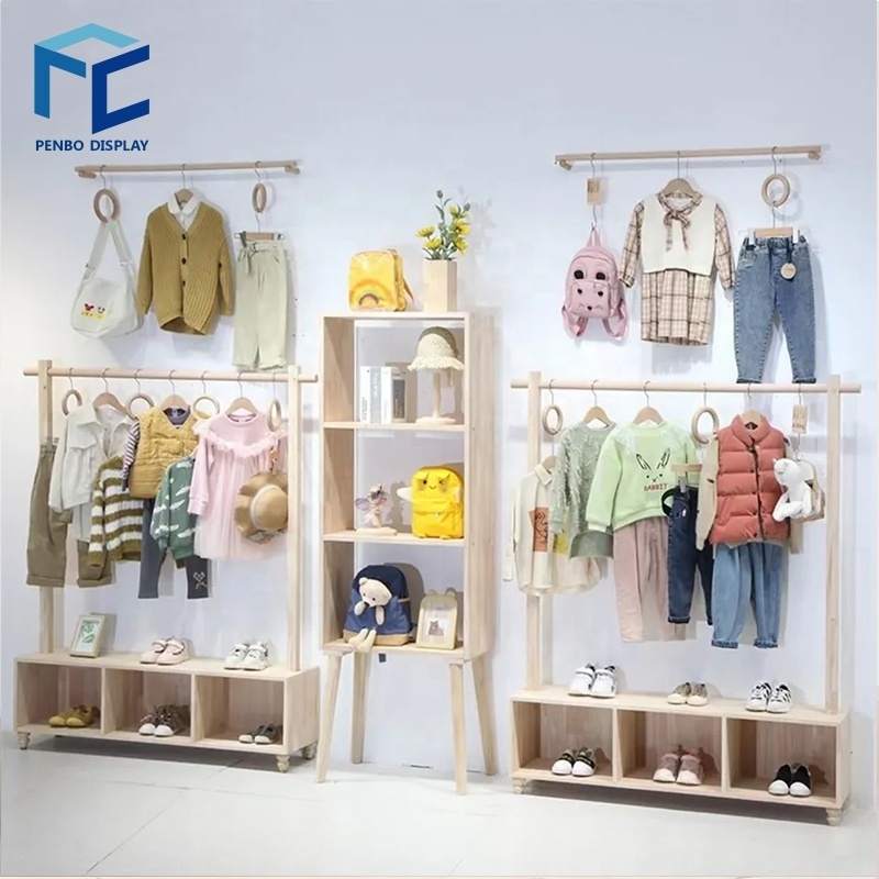 Kids Clothes Shop Decoration Wooden Child Baby Dress Newborn Clothes Shop Display Cabinet Rack