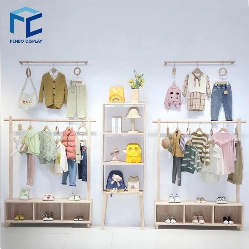 Kids Clothes Shop Decoration Wooden Child Baby Dress Newborn Clothes Shop Display Cabinet Rack