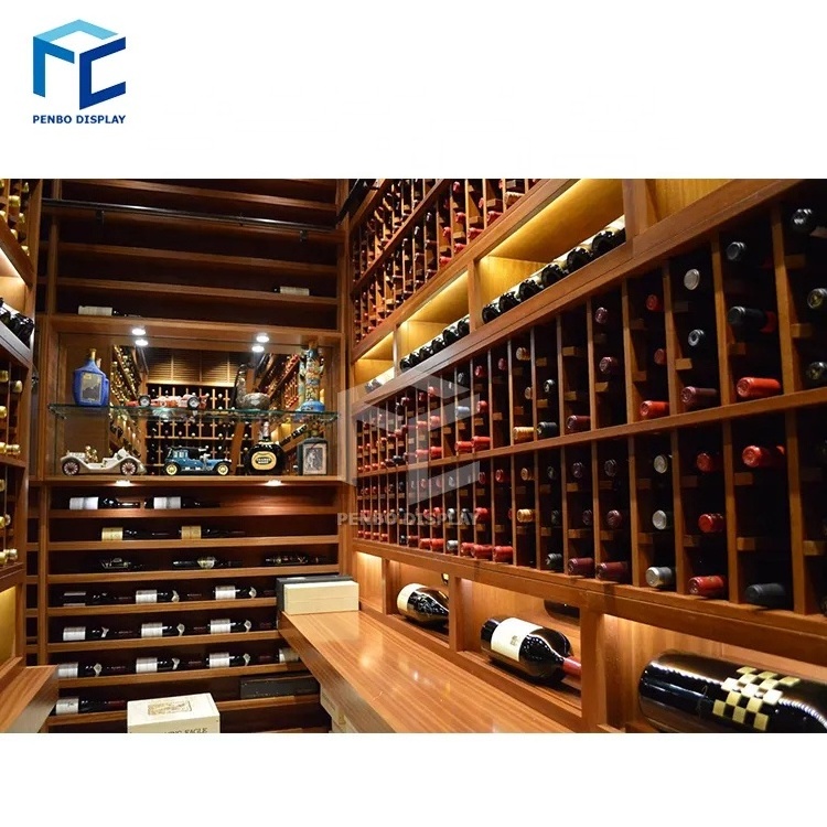 Customized Supermarket Retails Store Wine Cellar Restaurant Wood Wine Shelves Display Whisky Liquor Display Shelf Cabinet