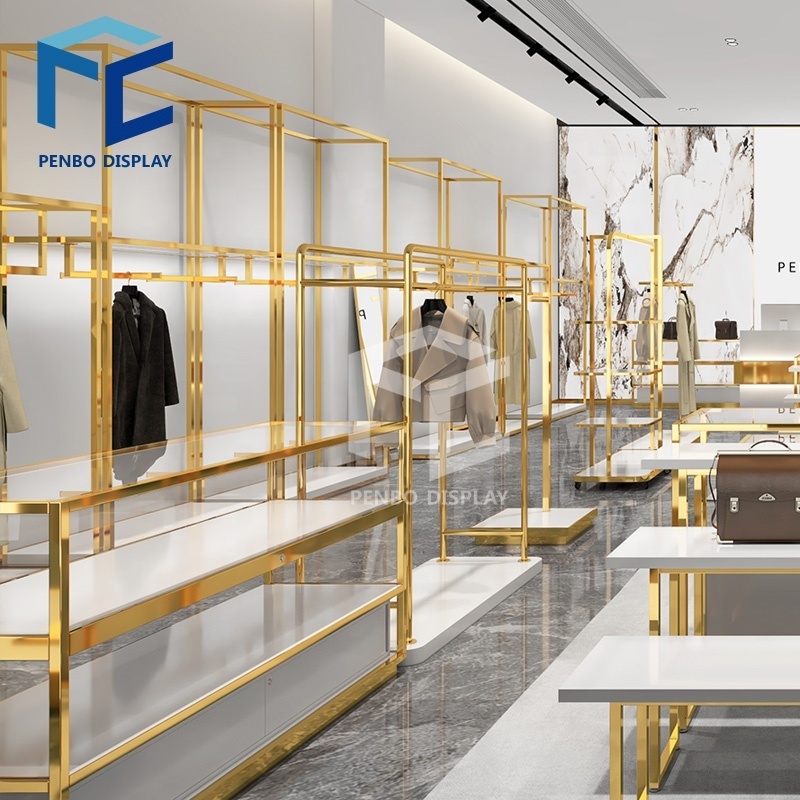 Fashion Retail Garment Shop Interior Design Women Clothing Shop Decor Idea Clothes Gold Display Racks Shelf For Clothing Shop