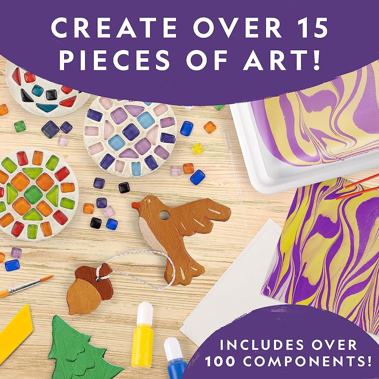 Arts and Crafts Kit for Kids Create Glass Tile Mosaics, Paint Marbling Art & Air Dry Clay Projects