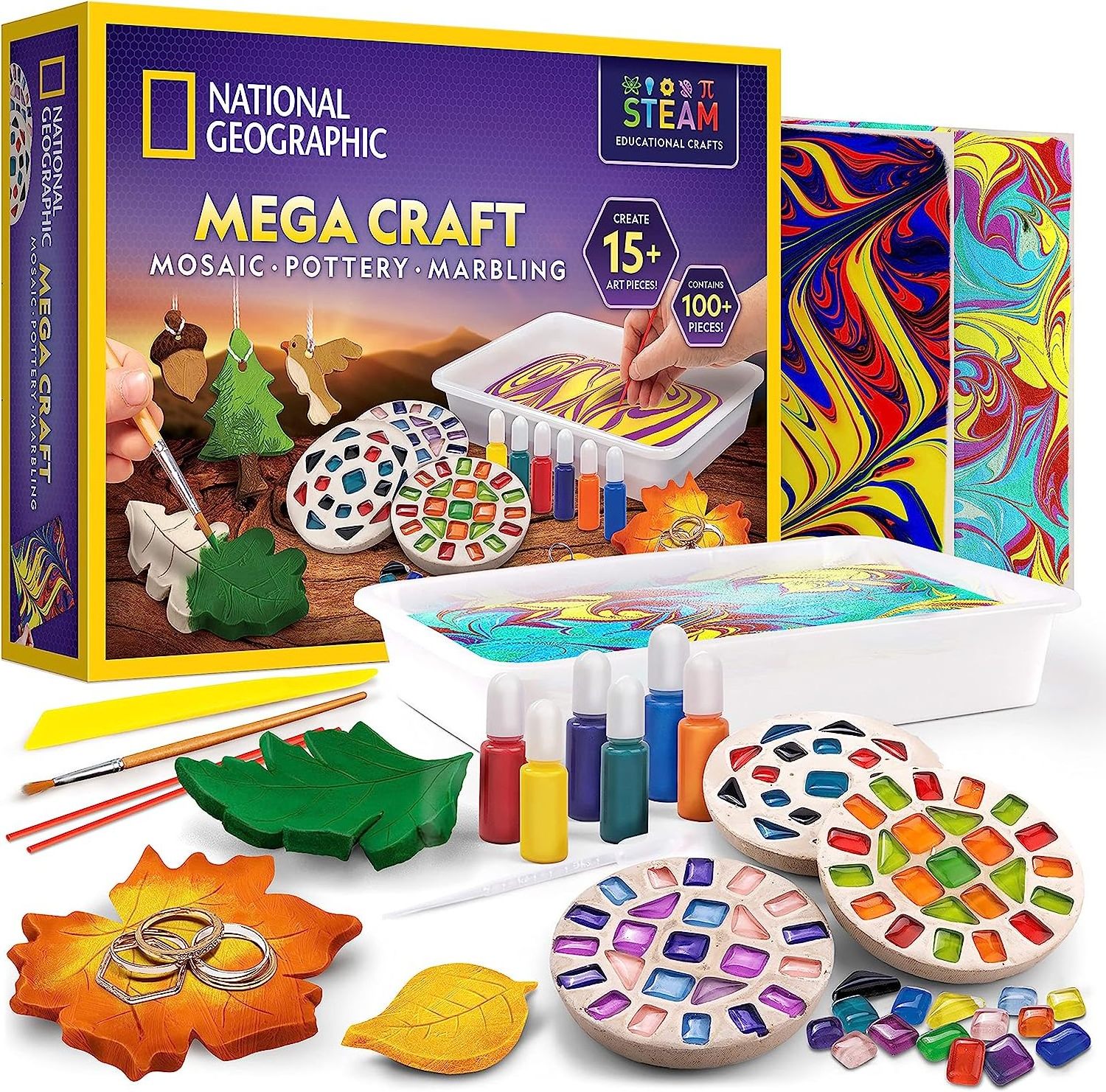 Arts and Crafts Kit for Kids Create Glass Tile Mosaics, Paint Marbling Art & Air Dry Clay Projects