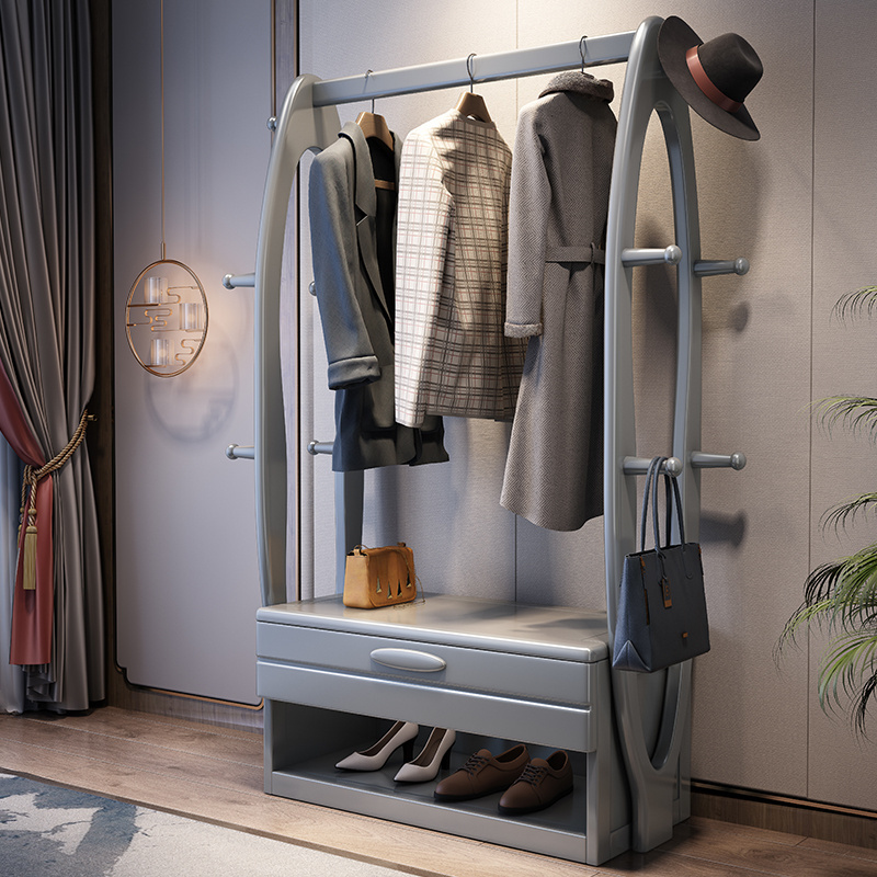 Modern Home Furniture White Wooden Clothing Storage Organizer Shelves Shoe Doorway Changing Standing Coat Rack Hanger