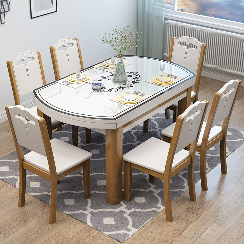 Modern Wholesale Dining Room Furniture Extended Stalinite Glass Top Dining Table Simple Design Wooden Dinning Table With 6 Chair