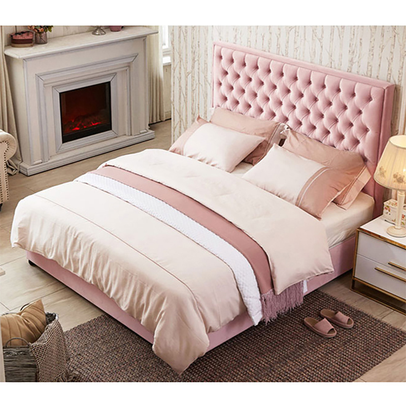 Hot Sale Modern Luxury Bedroom Furniture Solid Wood Frame Pink Velvet Bed