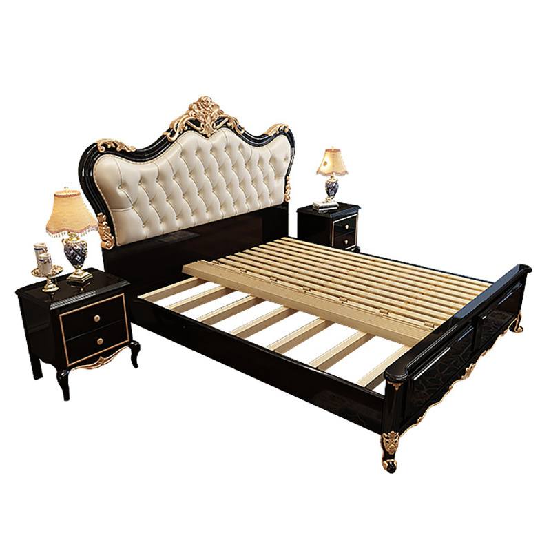 Antique Wooden Gold Bedroom Furniture Hotel Leather Modern Royal French Bedroom Set Luxury King Size Bed Frame