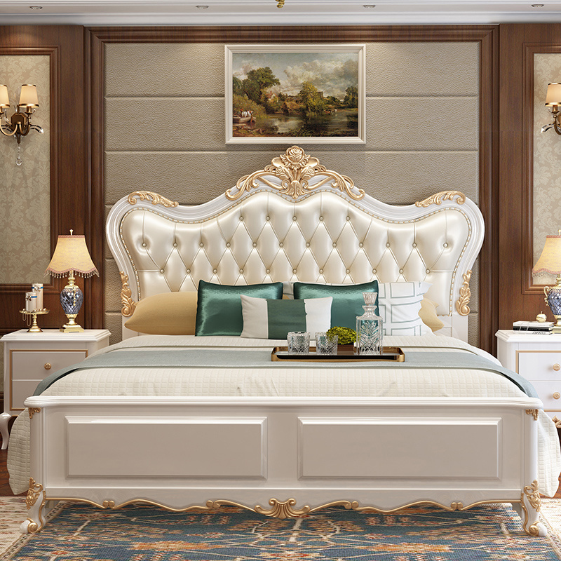 Antique Wooden Gold Bedroom Furniture Hotel Leather Modern Royal French Bedroom Set Luxury King Size Bed Frame