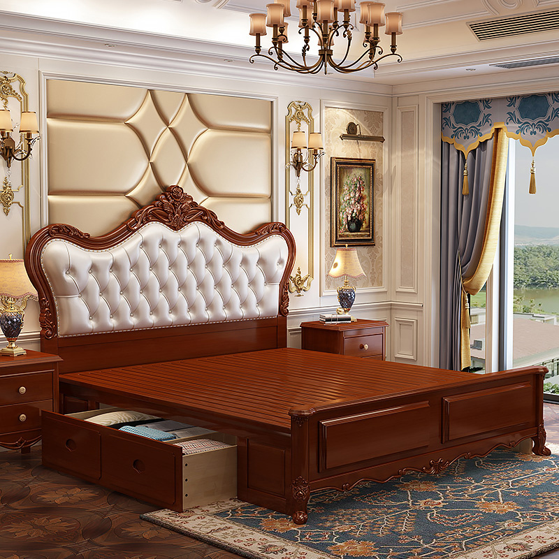 Antique Wooden Gold Bedroom Furniture Hotel Leather Modern Royal French Bedroom Set Luxury King Size Bed Frame