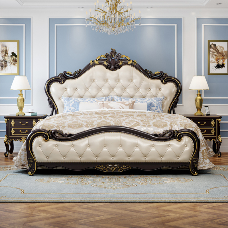 European Luxury Bedroom Set Royal Leather Storage Bed Frame King Size Solid Wood Carved Bed With Headboard