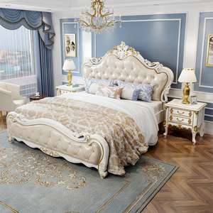 European Luxury Bedroom Set Royal Leather Storage Bed Frame King Size Solid Wood Carved Bed With Headboard