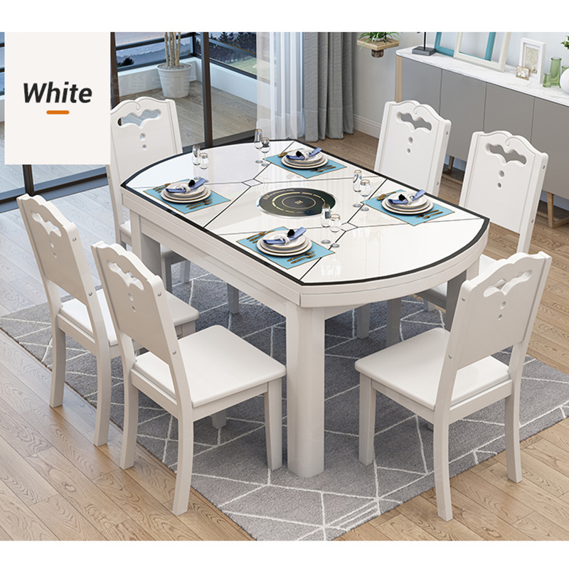 Modern Wholesale Dining Room Furniture Extended Stalinite Glass Top Dining Table Simple Design Wooden Dinning Table With 6 Chair